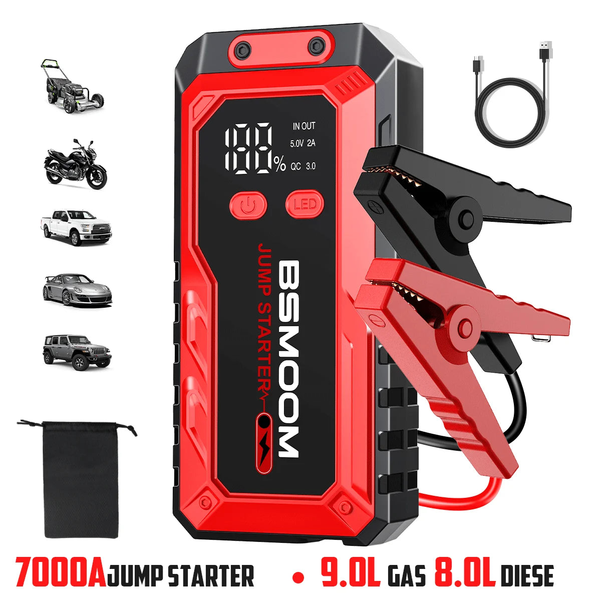 7000A Car Jump Starter Big Power Bank Car Battery Booster 12V Car Starting Device for Petrol 9.0L Diesel 8.0L